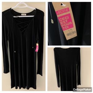 Black Ribbed Long Sleeve Knee length Dress